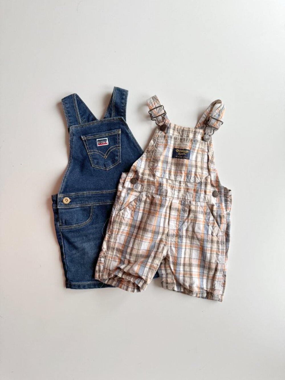 Lot of 2 Unisex Baby Size 12 Month Overalls - LEVI'S Denim & OSHKOSH Plaid